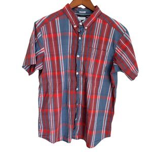 Columbia Red Blue Plaid Button Up Shirt Regular Fit Cotton Pocket Men's L